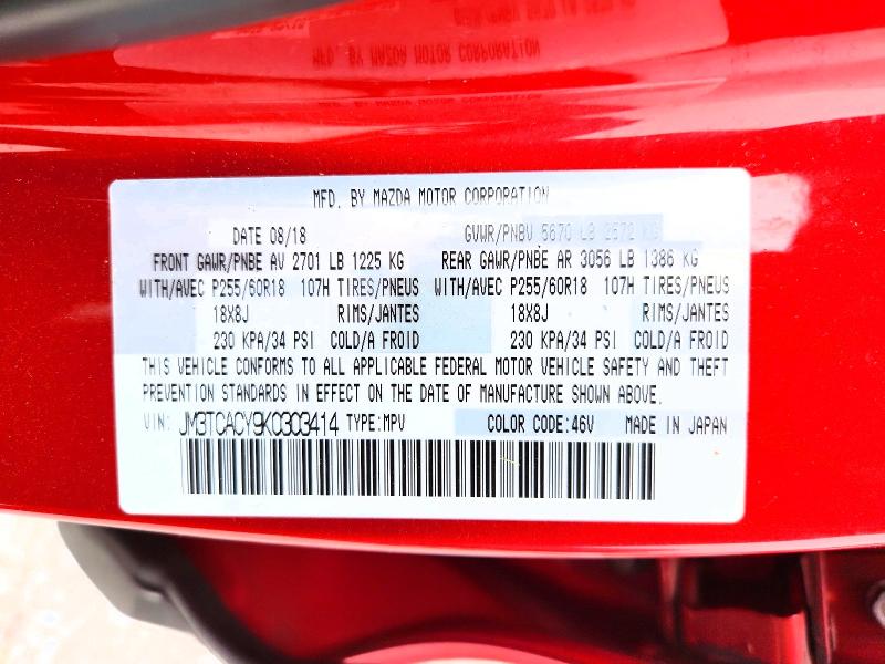 54436626 :رقم المزاد ، JM3TCACY9K0303414 vin ، 2019 Mazda Cx-9 مزاد بيع