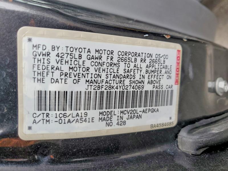 2000 Toyota Camry მანქანა იყიდება აუქციონზე, vin: JT2BF28K4Y0274069, აუქციონის ნომერი: 53275376