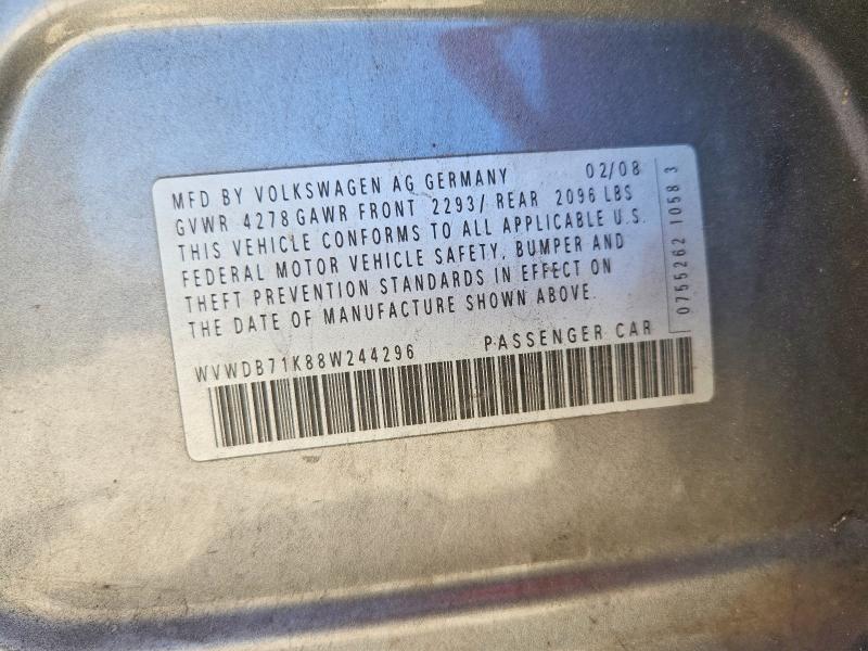 54702456 :رقم المزاد ، WVWDB71K88W244296 vin ، 2008 Volkswagen Rabbit مزاد بيع