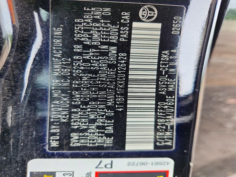 2012 Toyota Camry მანქანა იყიდება აუქციონზე, vin: 4T1BF1FKXCU126428, აუქციონის ნომერი: 54307316