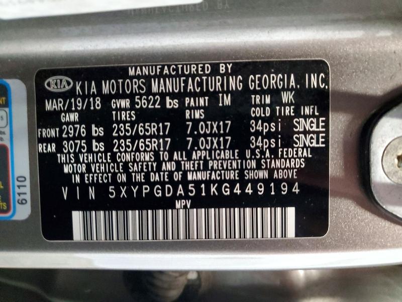 2019 Kia Sorento მანქანა იყიდება აუქციონზე, vin: 5XYPGDA51KG449194, აუქციონის ნომერი: 54184386