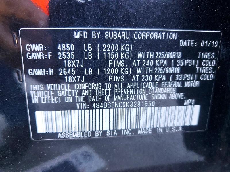 Продажа на аукционе авто 2019 Subaru Outback, vin: 4S4BSENC0K3291650, номер лота: 51857286