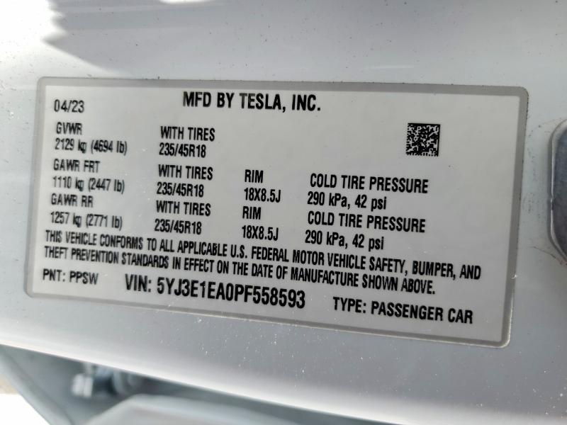 Auction sale of the 2023 Tesla Model 3, vin: 5YJ3E1EA0PF558593, lot number: 54108776