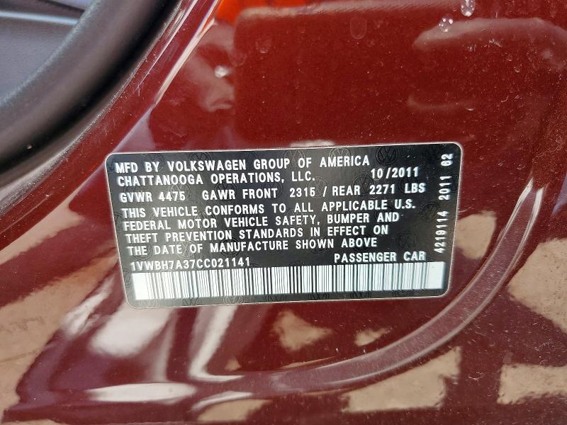 Продаж на аукціоні авто 2012 Volkswagen Passat, vin: 1VWBH7A37CC021141, номер лоту: 54274746