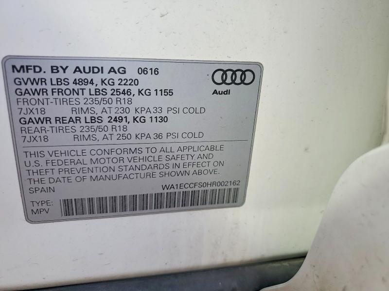 Aukcja sprzedaży 2017 Audi Q3, vin: WA1ECCFS0HR002162, numer aukcji: 53048986