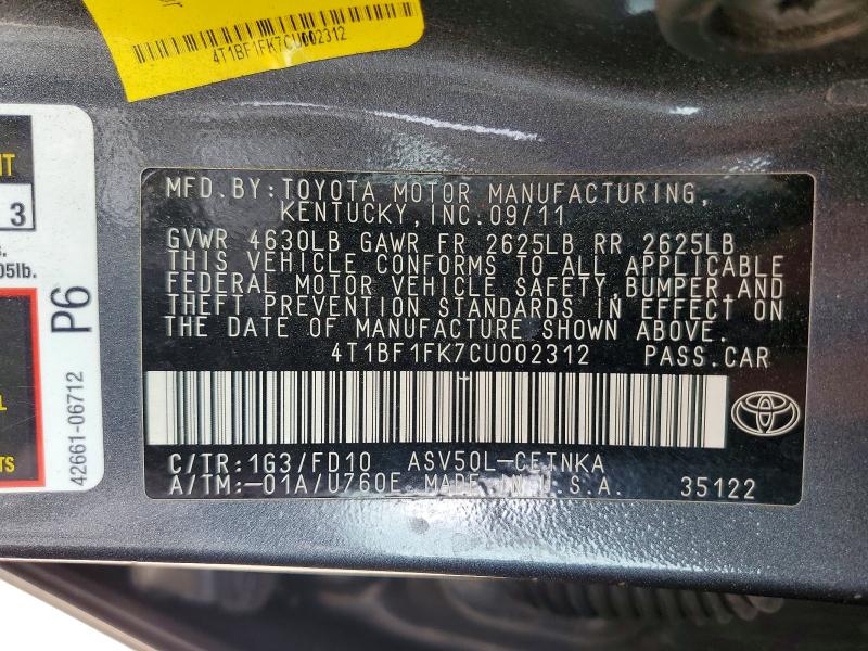 Продажа на аукционе авто 2012 Toyota Camry, vin: 4T1BF1FK7CU002312, номер лота: 53528696