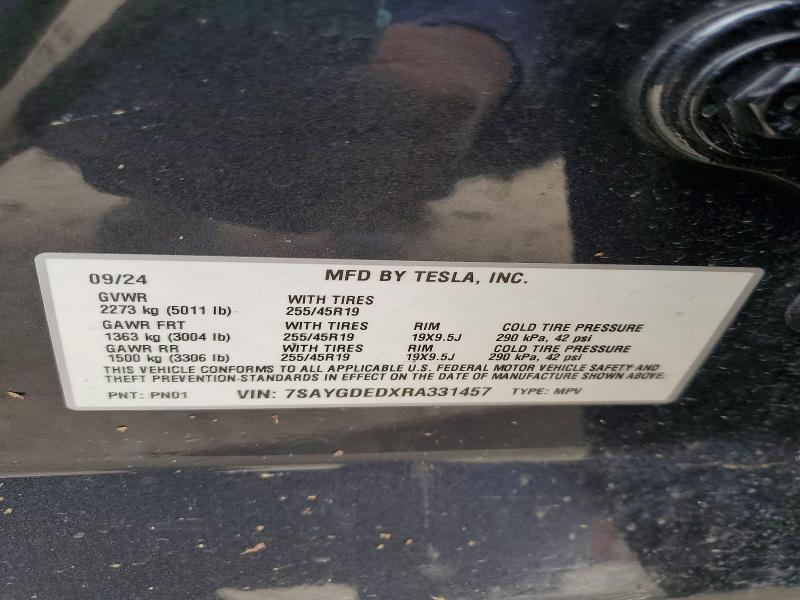 52863356 :رقم المزاد ، 7SAYGDEDXRA331457 vin ، 2024 Tesla Model Y مزاد بيع