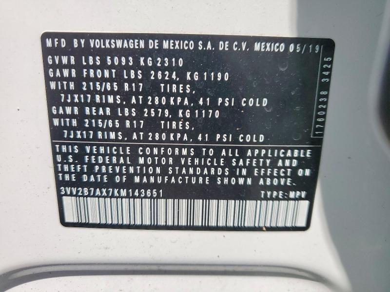 2019 Volkswagen Tiguan მანქანა იყიდება აუქციონზე, vin: 3VV2B7AX7KM143651, აუქციონის ნომერი: 53392806