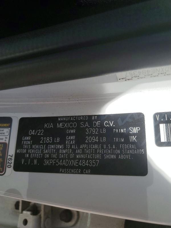53656676 :رقم المزاد ، 3KPF54ADXNE484357 vin ، 2022 Kia Forte مزاد بيع