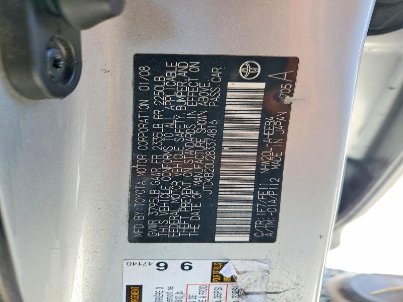 Aukcja sprzedaży 2008 Toyota Prius, vin: JTDKB20U283374816, numer aukcji: 52933096