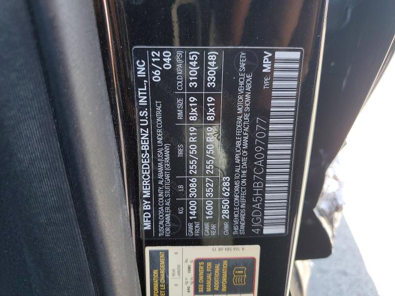 2012 Mercedes-benz Ml მანქანა იყიდება აუქციონზე, vin: 4JGDA5HB7CA097077, აუქციონის ნომერი: 54566786
