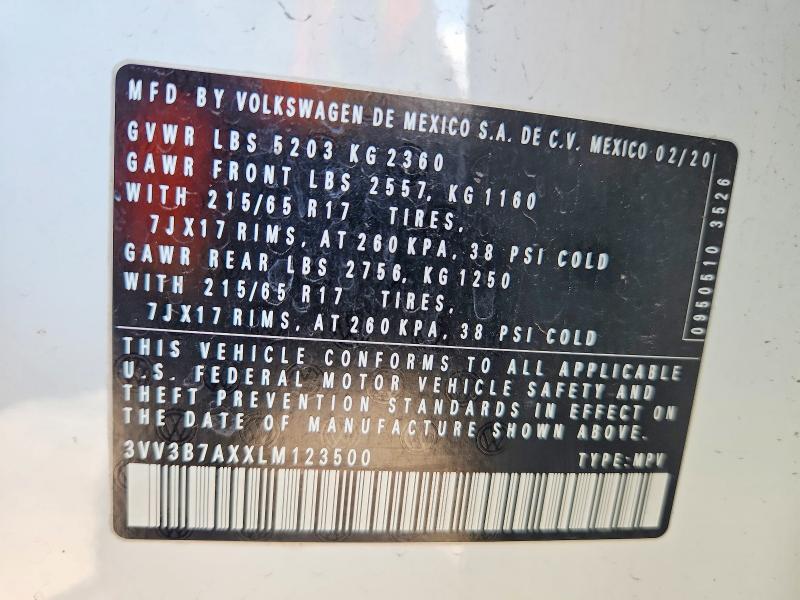 Aukcja sprzedaży 2020 Volkswagen Tiguan, vin: 3VV3B7AXXLM123500, numer aukcji: 54675326