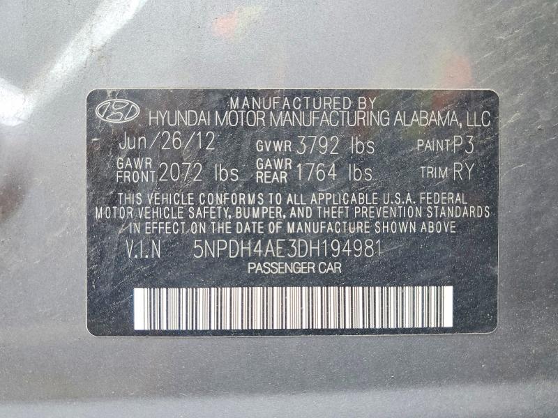 52192066 :رقم المزاد ، 5NPDH4AE3DH194981 vin ، 2013 Hyundai Elantra مزاد بيع