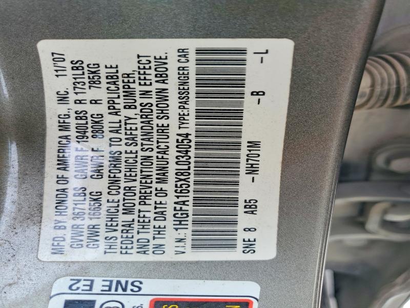 54871466 :رقم المزاد ، 1HGFA165X8L034054 vin ، 2008 Honda Civic مزاد بيع