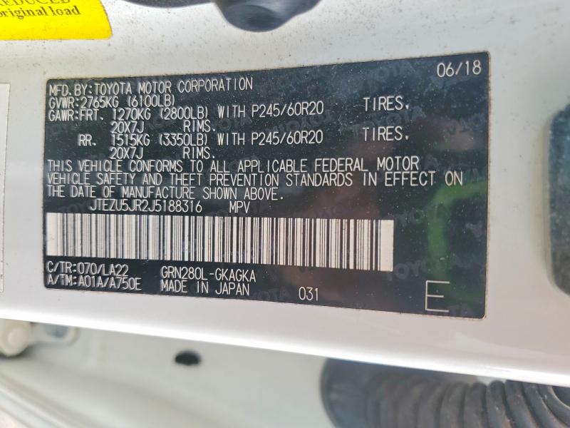 Aukcja sprzedaży 2018 Toyota 4runner, vin: JTEZU5JR2J5188316, numer aukcji: 53902766