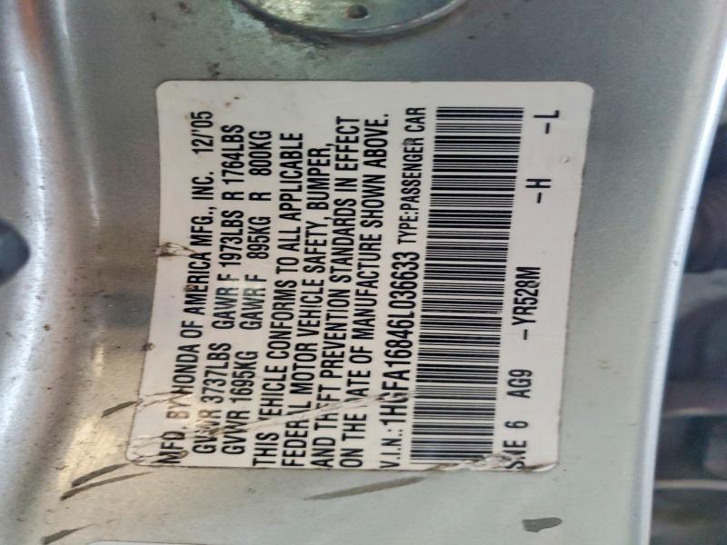 Aukcja sprzedaży 2006 Honda Civic, vin: 1HGFA16846L036633, numer aukcji: 54904606