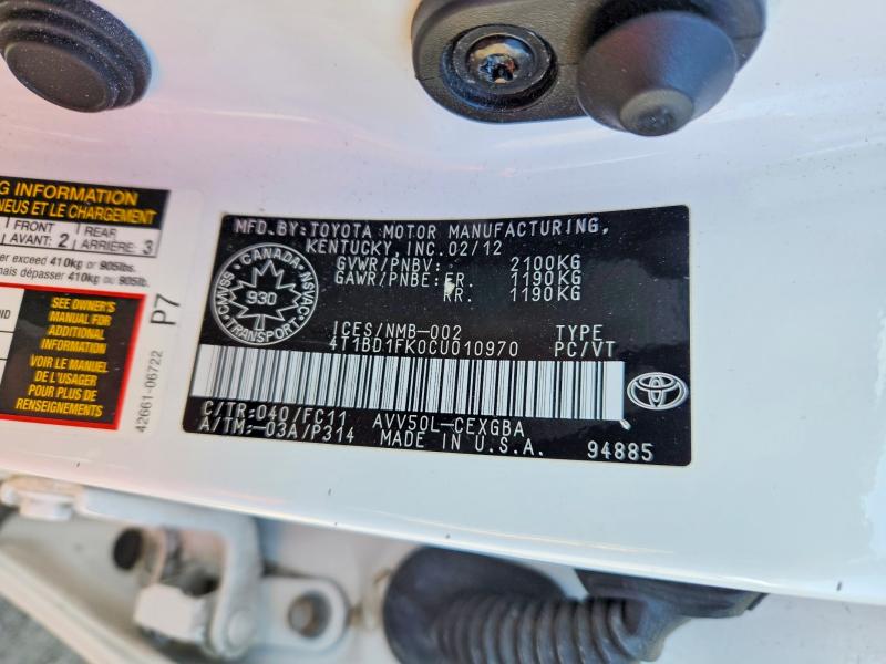 Продаж на аукціоні авто 2012 Toyota Camry Hybrid, vin: 4T1BD1FK0CU010970, номер лоту: 47858036