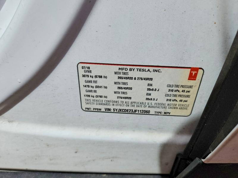 52499456 :رقم المزاد ، 5YJXCDE23JF112060 vin ، 2018 Tesla Model X مزاد بيع