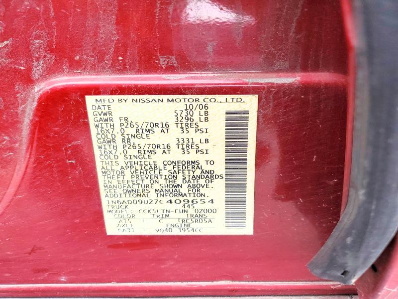 2007 Nissan Frontier მანქანა იყიდება აუქციონზე, vin: 1N6AD09U27C409654, აუქციონის ნომერი: 53097546