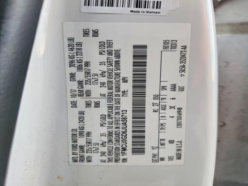 2018 Ford Escape მანქანა იყიდება აუქციონზე, vin: 1FMCU0GD6JUA58713, აუქციონის ნომერი: 54625206