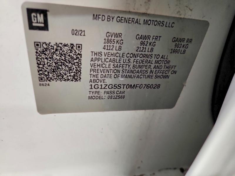Продаж на аукціоні авто 2021 Chevrolet Malibu, vin: 1G1ZG5ST0MF076028, номер лоту: 51376936