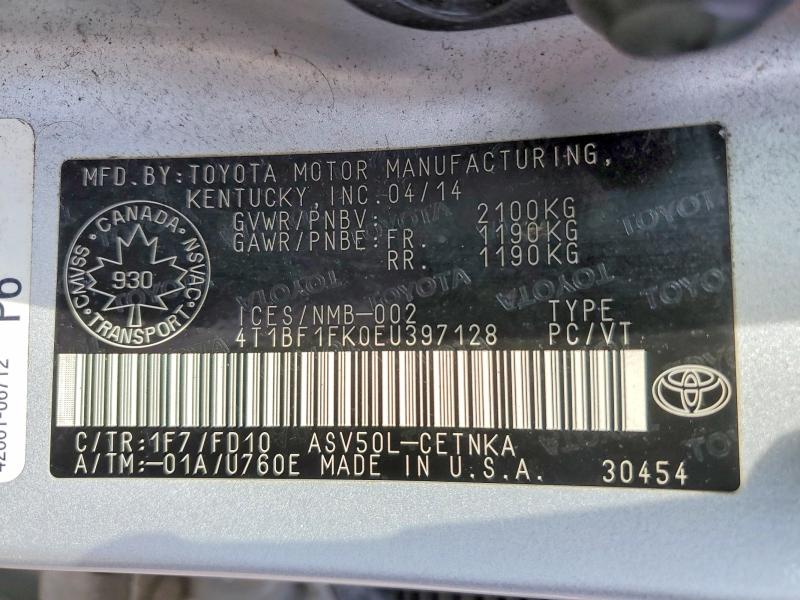 Aukcja sprzedaży 2014 Toyota Camry, vin: 4T1BF1FK0EU397128, numer aukcji: 52078796