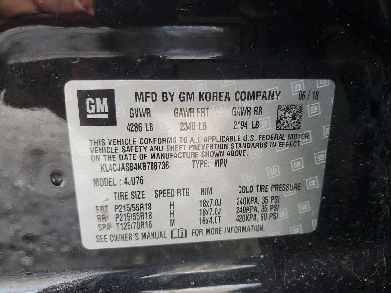 2019 Buick Encore მანქანა იყიდება აუქციონზე, vin: KL4CJASB4KB708736, აუქციონის ნომერი: 52729046
