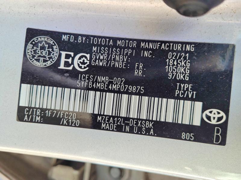 53261166 :رقم المزاد ، 5YFB4MBE4MP079875 vin ، 2021 Toyota Corolla مزاد بيع