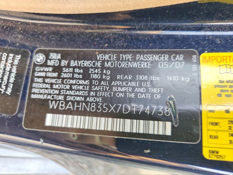 54781246 :رقم المزاد ، WBAHN835X7DT74738 vin ، 2007 Bmw 750 مزاد بيع