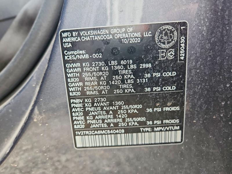 Продажа на аукционе авто 2021 Volkswagen Atlas, vin: 1V2TR2CA6MC540409, номер лота: 49935666