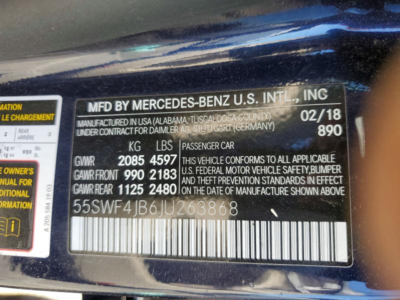 2018 Mercedes-benz C მანქანა იყიდება აუქციონზე, vin: 55SWF4JB6JU263868, აუქციონის ნომერი: 53237226