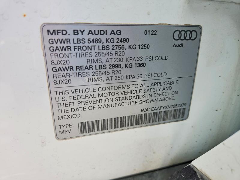 Auction sale of the 2022 Audi Q5, vin: WA1EAAFYXN2057379, lot number: 52226726