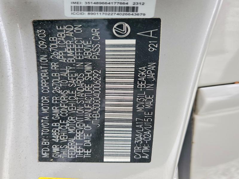 2004 Lexus Es მანქანა იყიდება აუქციონზე, vin: JTHBA30G040006292, აუქციონის ნომერი: 52845936