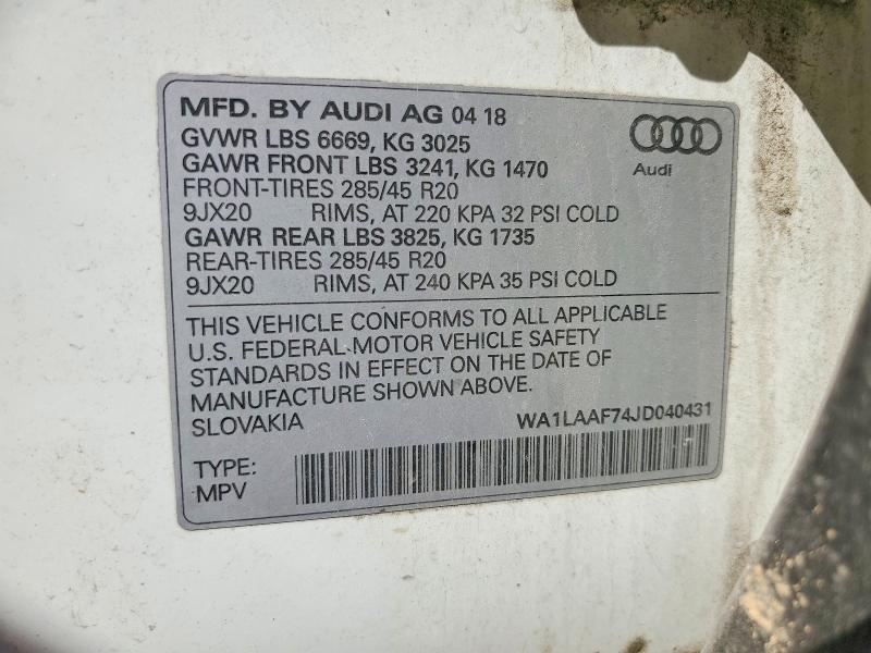 2018 Audi Q7 მანქანა იყიდება აუქციონზე, vin: WA1LAAF74JD040431, აუქციონის ნომერი: 53113466