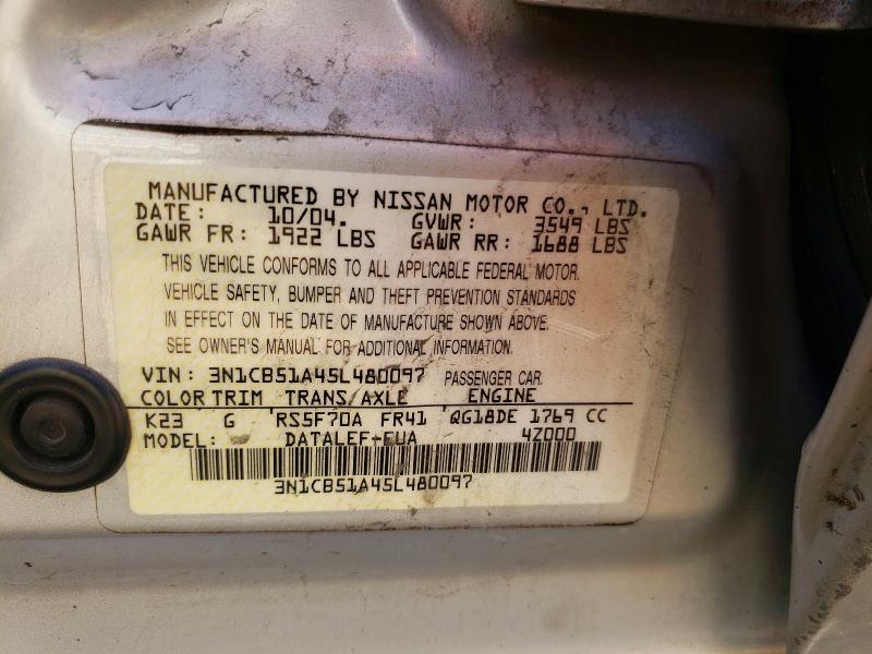Aukcja sprzedaży 2005 Nissan Sentra, vin: 3N1CB51A45L480097, numer aukcji: 53329256
