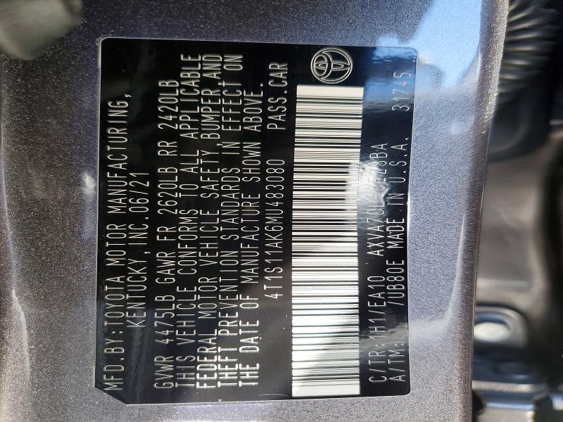 Aukcja sprzedaży 2021 Toyota Camry, vin: 4T1S11AK6MU483080, numer aukcji: 54704316