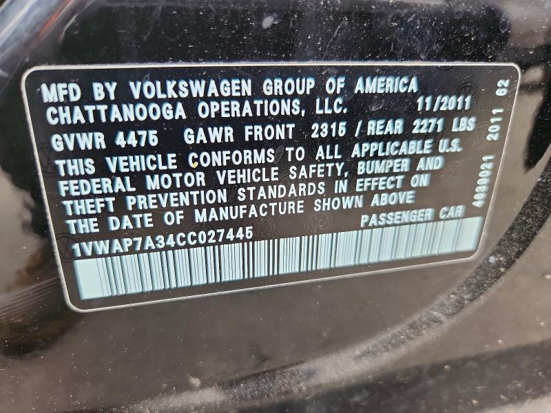 2012 Volkswagen Passat მანქანა იყიდება აუქციონზე, vin: 1VWAP7A34CC027445, აუქციონის ნომერი: 55255066