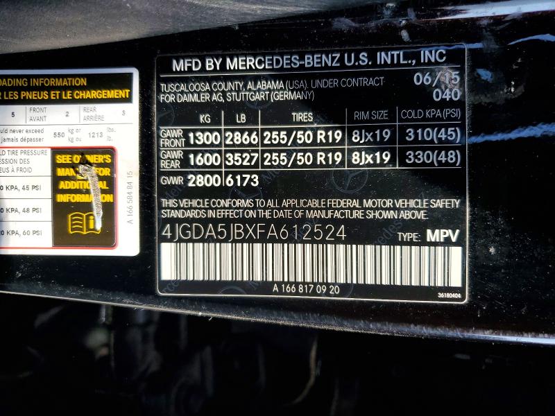 54716006 :رقم المزاد ، 4JGDA5JBXFA612524 vin ، 2015 Mercedes-benz Ml مزاد بيع