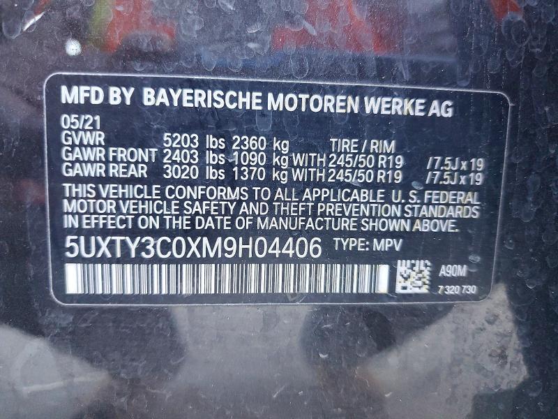 53483316 :رقم المزاد ، 5UXTY3C0XM9H04406 vin ، 2021 Bmw X3 مزاد بيع