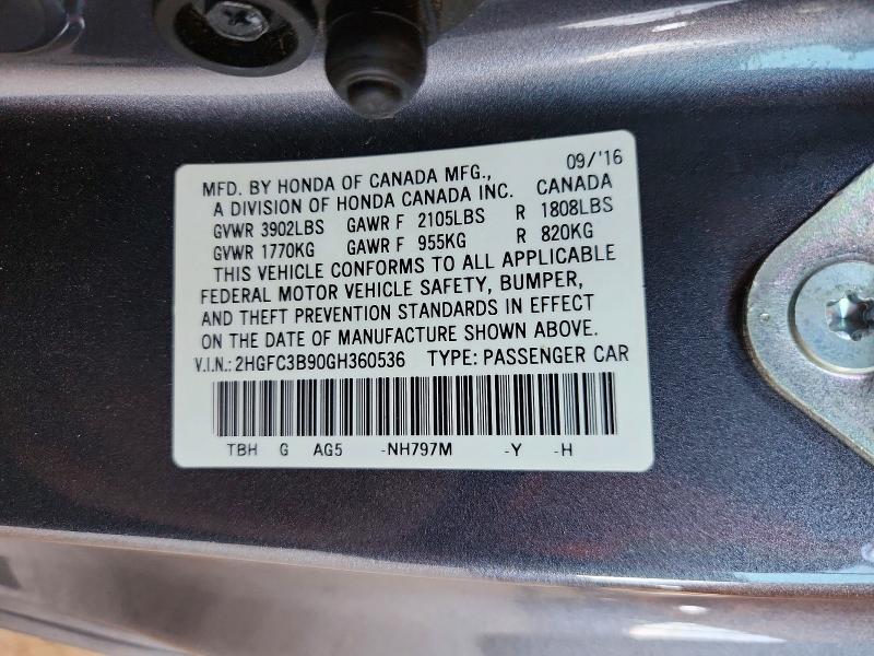 53917916 :رقم المزاد ، 2HGFC3B90GH360536 vin ، 2016 Honda Civic مزاد بيع