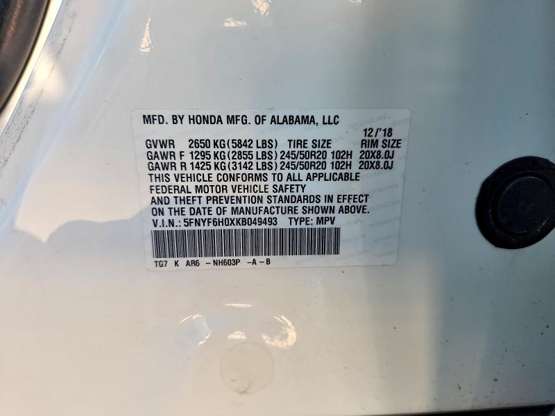 Продажа на аукционе авто 2019 Honda Pilot, vin: 5FNYF6H0XKB049493, номер лота: 52594066