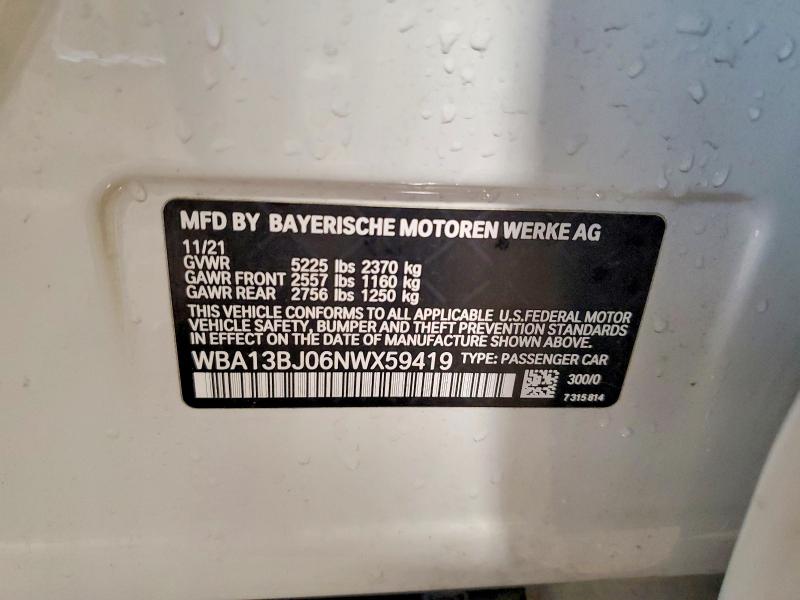 Auction sale of the 2022 Bmw 530, vin: WBA13BJ06NWX59419, lot number: 53051486