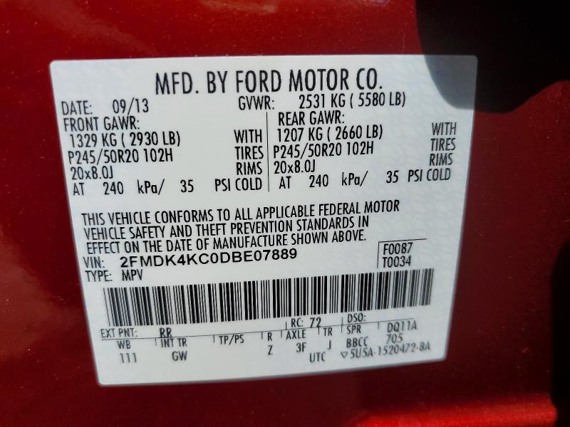 54700906 :رقم المزاد ، 2FMDK4KC0DBE07889 vin ، 2013 Ford Edge مزاد بيع