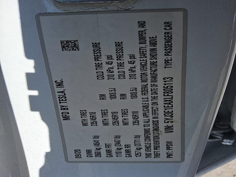50521246 :رقم المزاد ، 5YJ3E1EAXLF805113 vin ، 2020 Tesla Model 3 مزاد بيع
