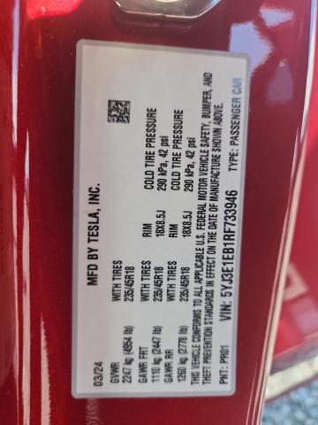 2024 Tesla Model 3 მანქანა იყიდება აუქციონზე, vin: 5YJ3E1EB1RF733946, აუქციონის ნომერი: 53508346