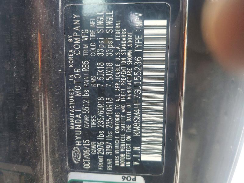 Auction sale of the 2016 Hyundai Santa Fe, vin: KM8SM4HF7GU155236, lot number: 54833436