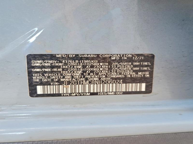53034686 :رقم المزاد ، JF2GTHMC8NH206024 vin ، 2022 Subaru Crosstrek مزاد بيع