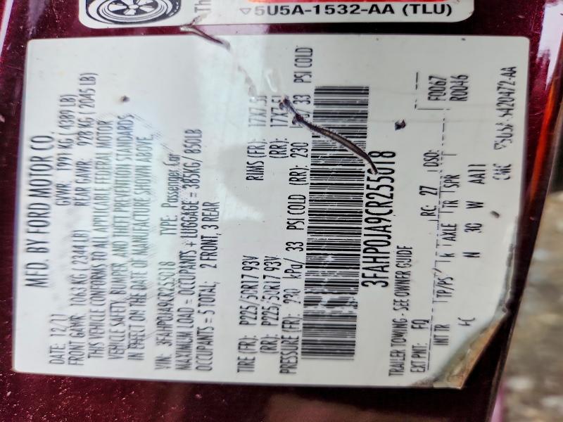 53800686 :رقم المزاد ، 3FAHP0JA9CR255018 vin ، 2012 Ford Fusion مزاد بيع