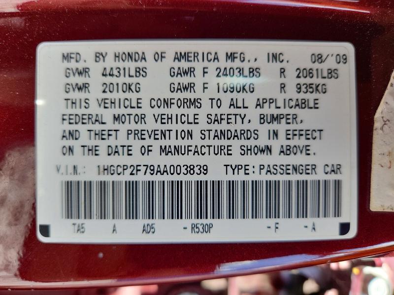 2010 Honda Accord მანქანა იყიდება აუქციონზე, vin: 1HGCP2F79AA003839, აუქციონის ნომერი: 51769626