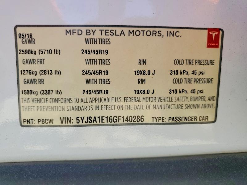Продаж на аукціоні авто 2016 Tesla Model S, vin: 5YJSA1E16GF140286, номер лоту: 53287606